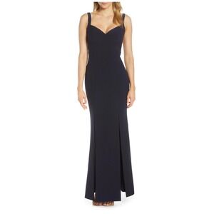 Eliza J Gown Dress Maxi Crepe Double Slit Prom Wedding Formal Navy Blue 10